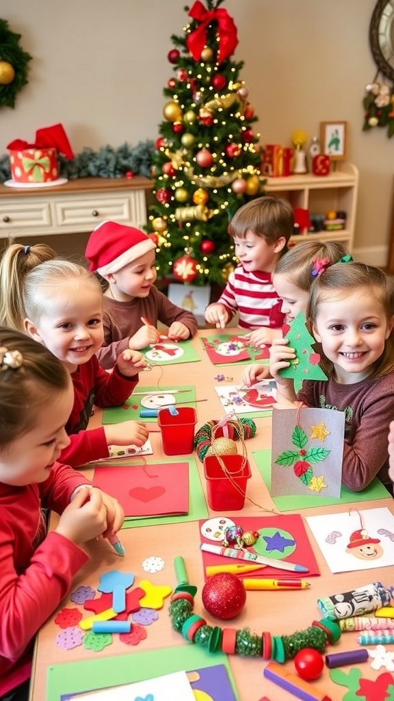 Preschool children making Christmas crafts with colored paper, scissors, and glue.